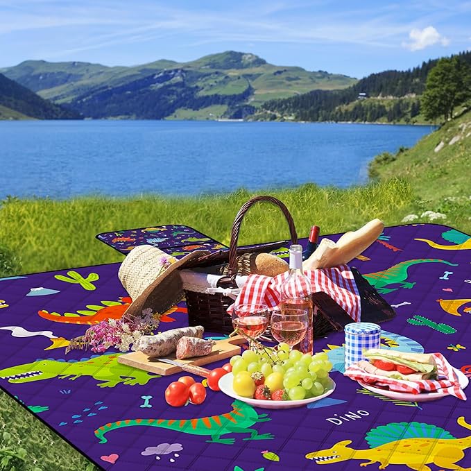 Extra Large Picnic Blanket Waterproof,80"x 80"Foldable Machine Washable Beach Blankets,Outdoor Blanket for 6-8 Adults,Picnic Mat Suitable for Indoor Crawling,Park Beach,Camping,Hiking,Travel（Dinosaur)