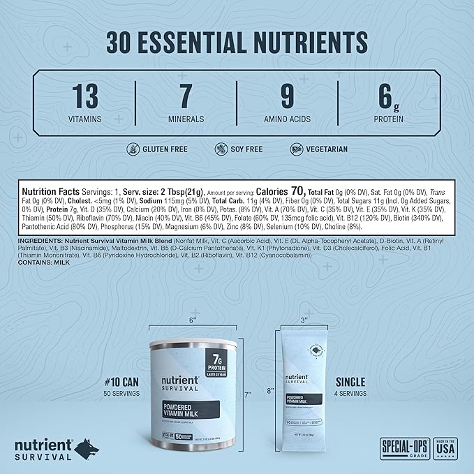 Nutrient Survival Vitamin Powdered Milk, Freeze Dried Prepper Supplies & Emergency Food Supply, 21 Essential Nutrients, Soy & Gluten Free, Shelf Stable Up to 25 Years, One Can, 50 Servings