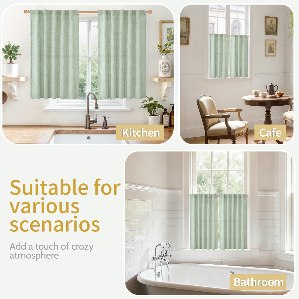 Sage Green Linen Semi Sheer Curtains 40 Inch Length for Kitchen Window (2 Count)