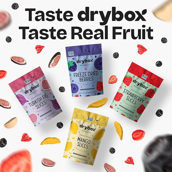 Drybox Freeze Dried Strawberries Sliced | 100% Natural Fruit | Freeze Dried Strawberry Source | No Sugar & Additives | Healthy Snack & Topping for Beverages or Recipes | Non-GMO, Vegan, Gluten Free, 0.56 oz 4 pack