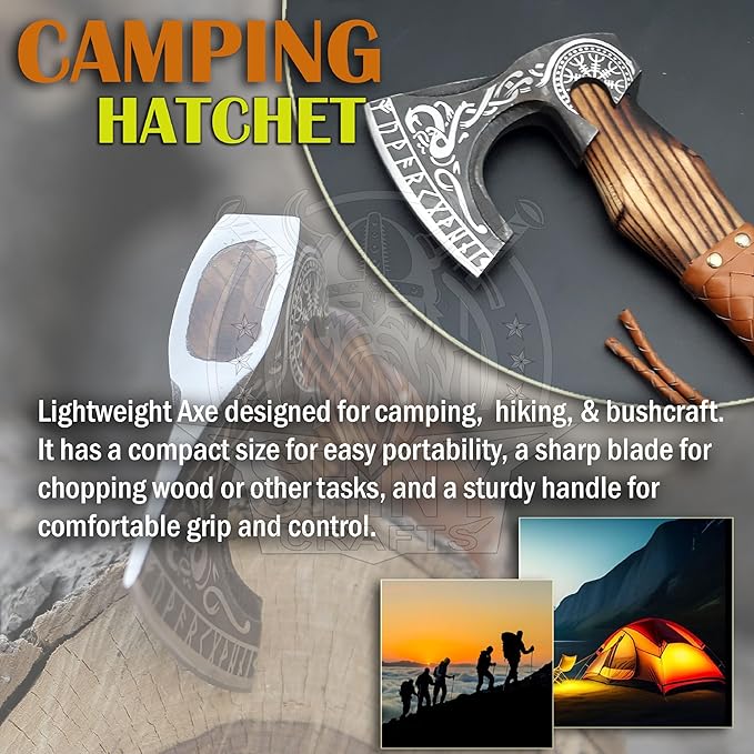 SHINY CRAFTS®- Custom Viking Hatchet – Rustic Gift for Men Handmade Axe for Camping, Groomsmen, Retirement, or Outdoor Enthusiasts (SCA-06)