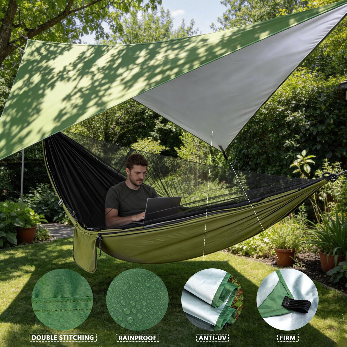 Ovyuzhen Camping Hammock with Rain Fly Tarp Mosquito Net Heavy Duty Tree Straps Portable Double Parachute Hammock Tent Waterproof Rainfly Set 660lbs Maximum Weight