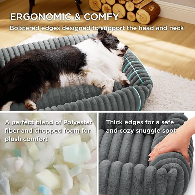 Bedsure Cute Dog Bed for Extra Large Dogs - Washable Furry Puppy Beds, Rectangle Orthopedic XL Pet Beds with Removable Zipper Cover, 43x30x8inches, Warm Grey