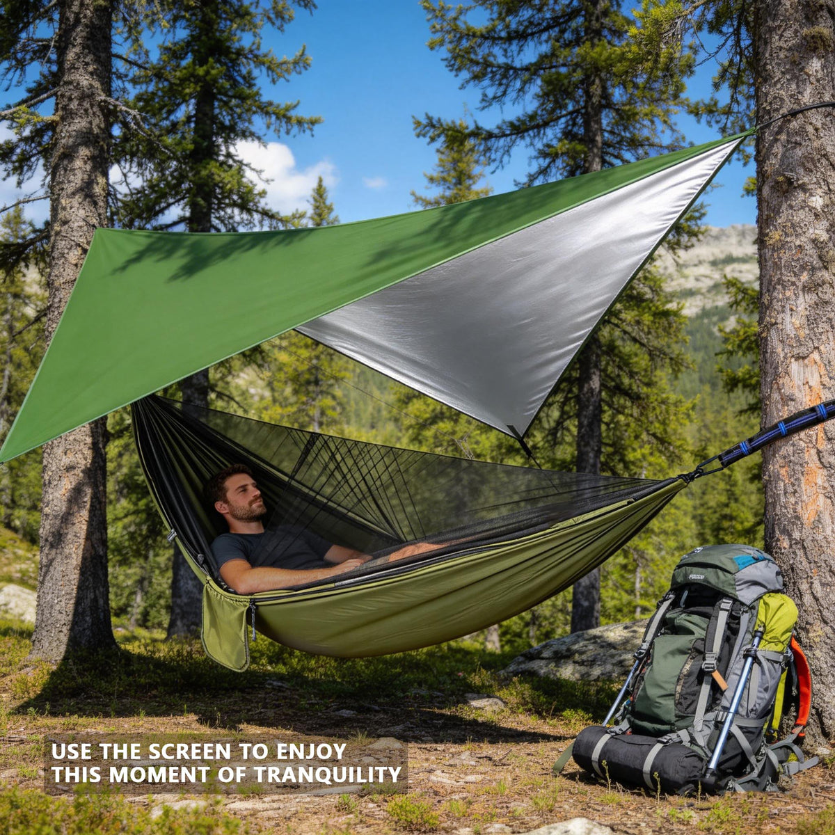 Ovyuzhen Camping Hammock with Rain Fly Tarp Mosquito Net Heavy Duty Tree Straps Portable Double Parachute Hammock Tent Waterproof Rainfly Set 660lbs Maximum Weight