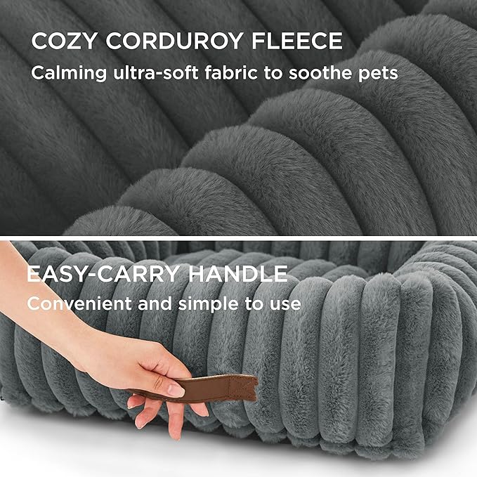 Bedsure Cute Dog Bed for Large Dogs - Washable Furry Puppy Beds, Rectangle Orthopedic Corduroy Fleece Pet Beds with Removable Zipper Cover, 36x27x8inches, Warm Grey