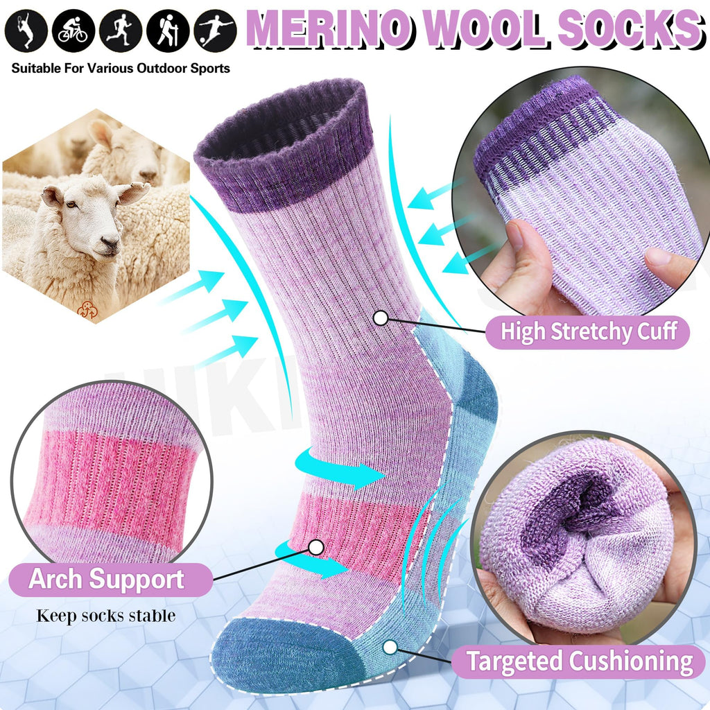 SAVALOS Merino Wool Hiking Socks for Women Thermal Warm Winter Cozy Work Crew Gifts Socks 5 Pairs Stocking Stuffers (Assorted A,M)