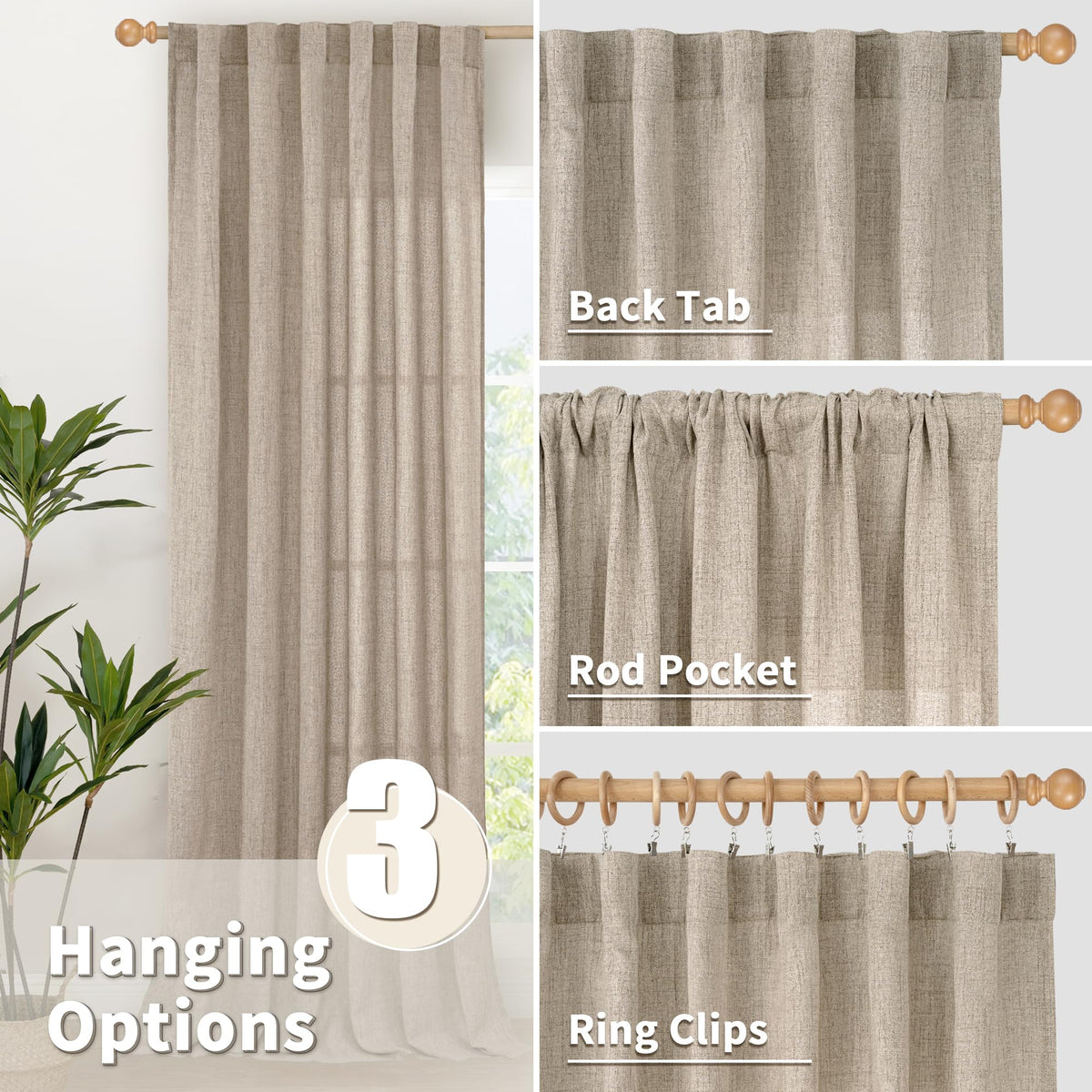 Dark Oatmeal Linen Curtains 102 Inch Length for Living Room (2 Count)