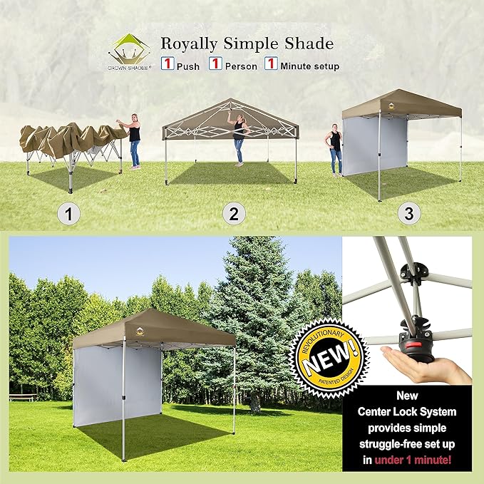 CROWN SHADES 8x8 Pop Up Canopy with 1 Side Wall - Beach Tent with One Push Setup - Outdoor Sun Shade for Events, Parties, Camping - Gazebo with STO-N-Go Cover Bag (Beige)