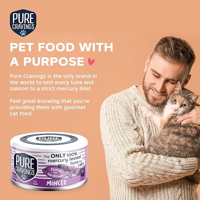 Pure Cravings Minced Tuna and Sardines Wet Canned Cat Food, 100% Mercury-Tested, Moist Can Fish for Cats, Grain-Free, Protein, Non-GMO, 3oz, Pack of 12