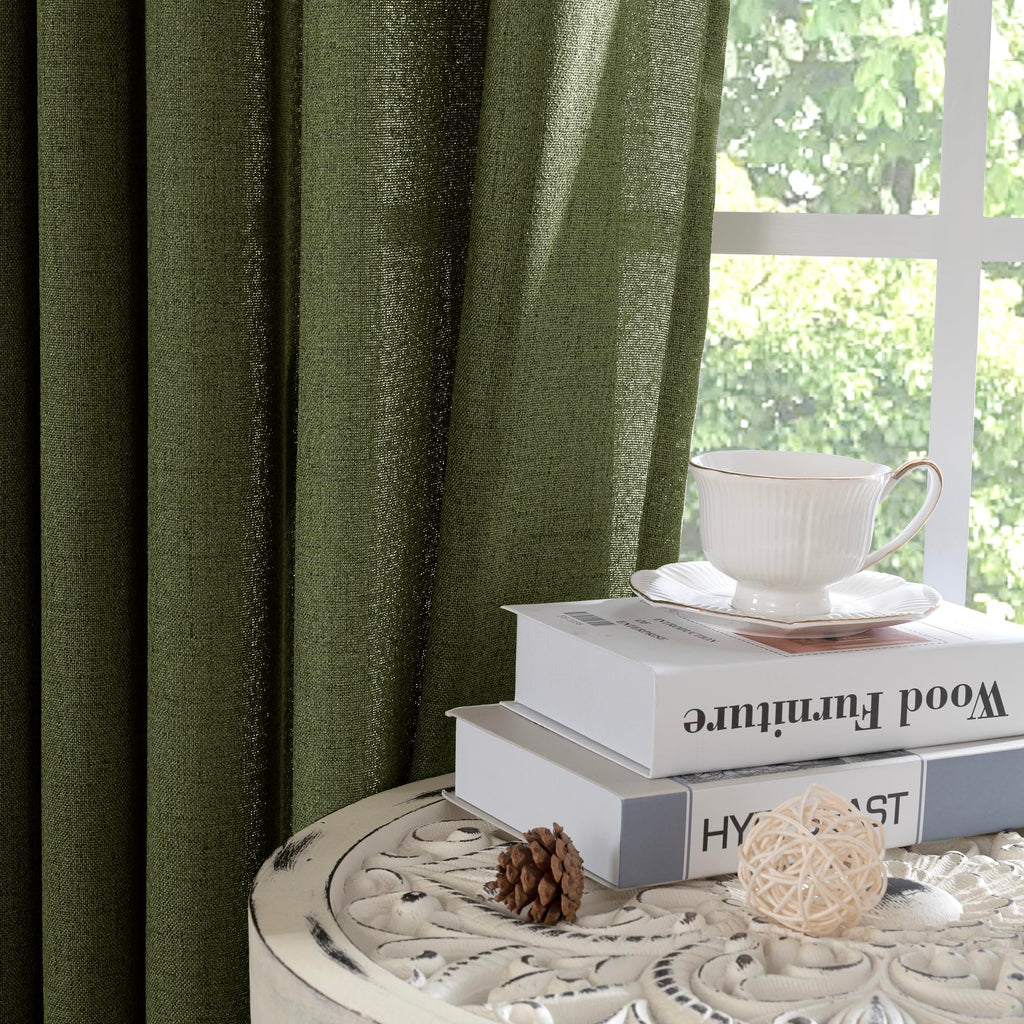 Olive Green Linen Curtains for Living Room 72 Inch Length (2 Count)