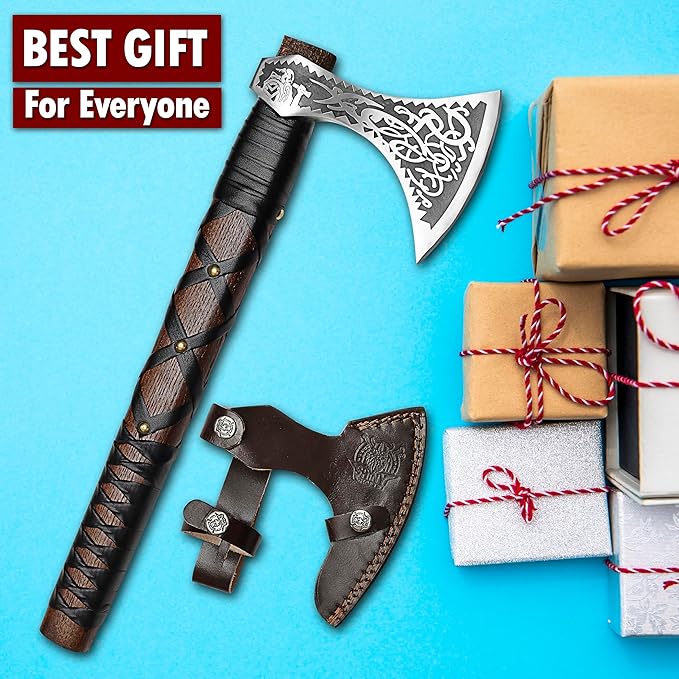 SHINY CRAFTS-Norse Viking Axe Wedding Gifts Camping Axe Berserker Axes-Handmade Viking Pizza Axe Authentic Medieval Pizza Cutter Axe with Carved Handle & Leather Sheath (VBA-27-A)