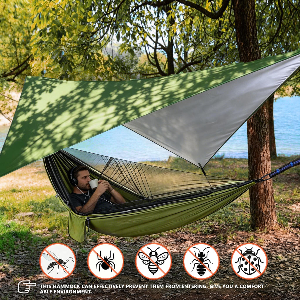 Ovyuzhen Camping Hammock with Rain Fly Tarp Mosquito Net Heavy Duty Tree Straps Portable Double Parachute Hammock Tent Waterproof Rainfly Set 660lbs Maximum Weight