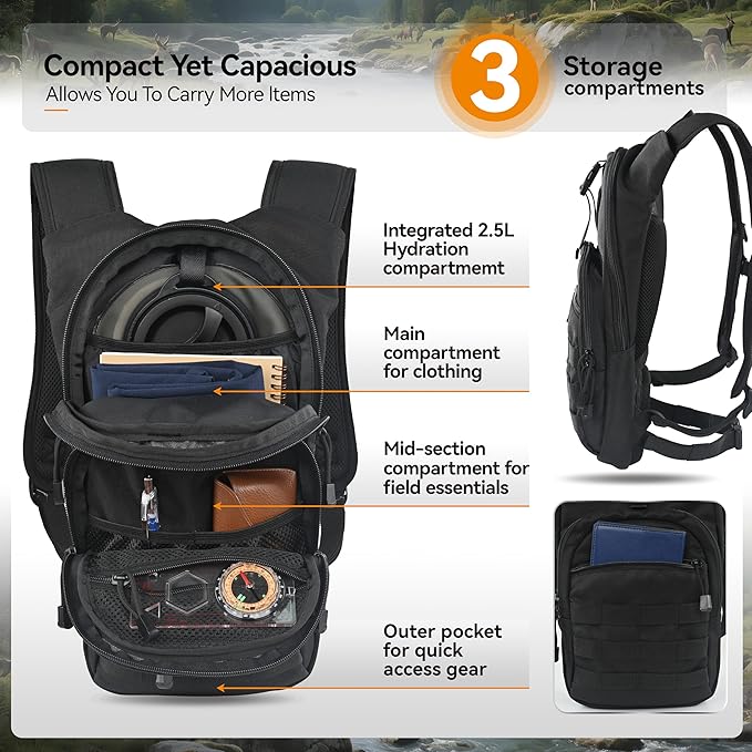 MARCHWAY Tactical Molle Hydration Pack with 2.5L TPU Water Bladder, Low-Profile Organized Military Backpack for Hiking, Cycling, Backpacking, Hunting, Running