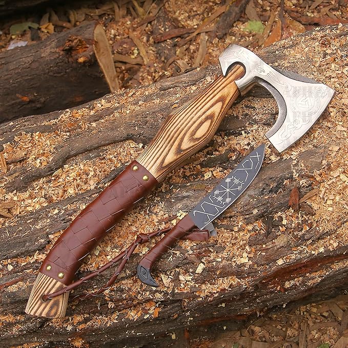 Viking Axe Gift Vikings Knife with Sheath | Hand Forged Real Handmade Outdoor Hunting Camping Axes and Hatchets | Viking Gifts for Men (Ax-05)
