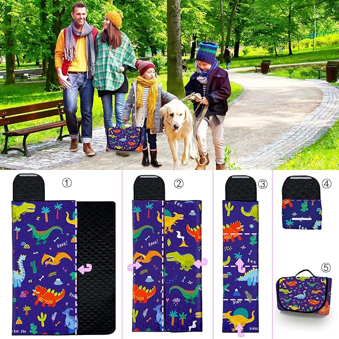 Extra Large Picnic Blanket Waterproof,80"x 80"Foldable Machine Washable Beach Blankets,Outdoor Blanket for 6-8 Adults,Picnic Mat Suitable for Indoor Crawling,Park Beach,Camping,Hiking,Travel（Dinosaur)
