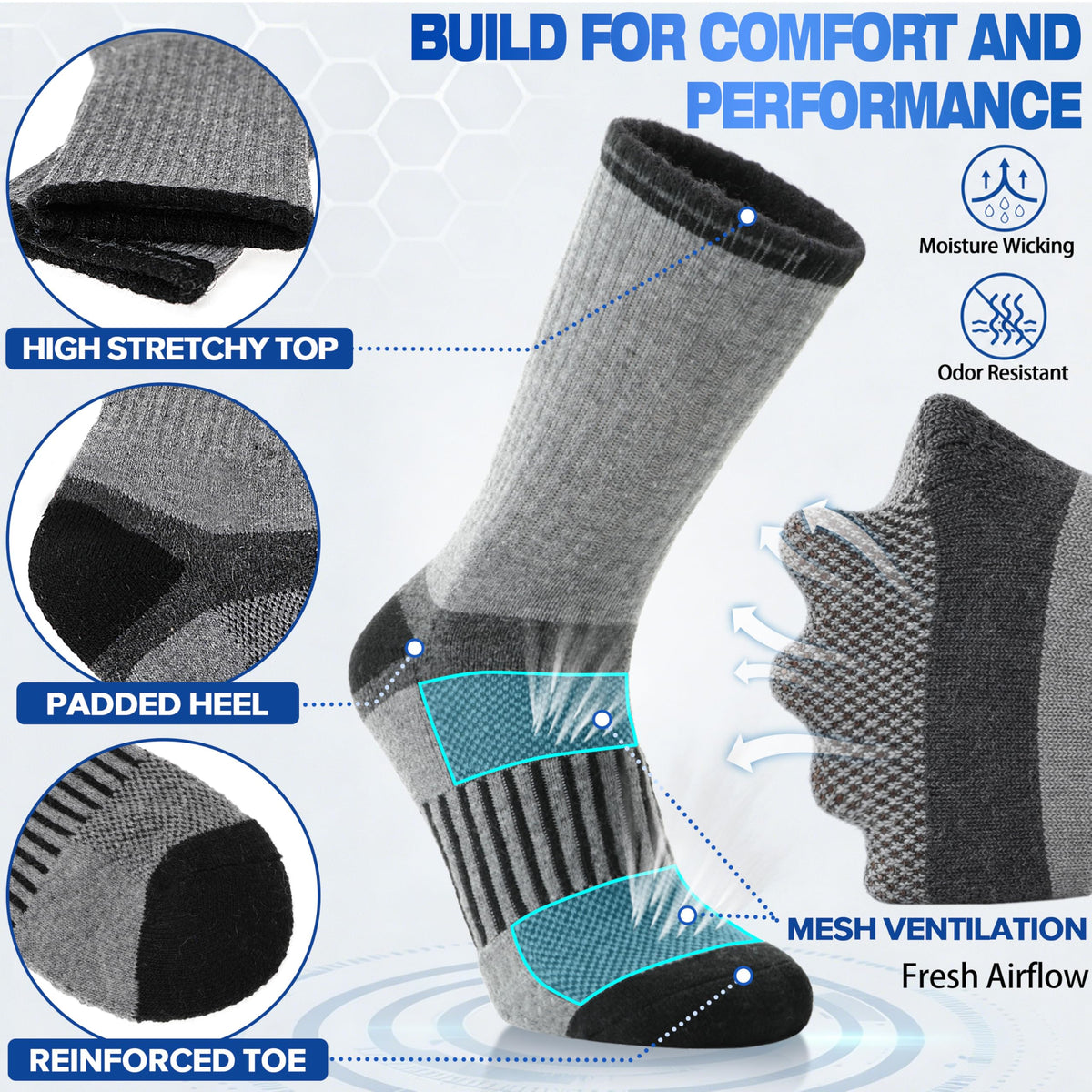 MOGGEI Merino Wool Hiking Socks for Men Warm Thermal Winter Cozy Work Crew Socks Gifts Stocking Stuffers 5 Pairs (Dark Pinstripes A,L)