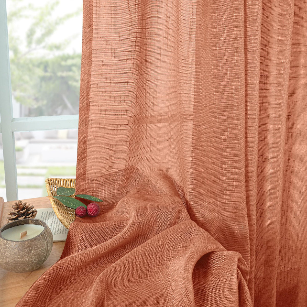 Burnt Orange Linen Semi Sheer Curtains 84 Inches Long for Living Room (2 Count)
