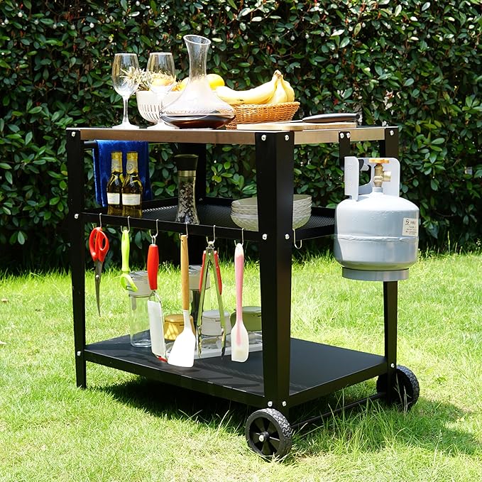 Stainless Steel Outdoor Grill Cart with Wheels, Heavy-Duty 3-Tier BBQ Prep Table for Pizza Oven, Griddle, Patio – Rustproof Commercial Kitchen Cart with Tool Hooks