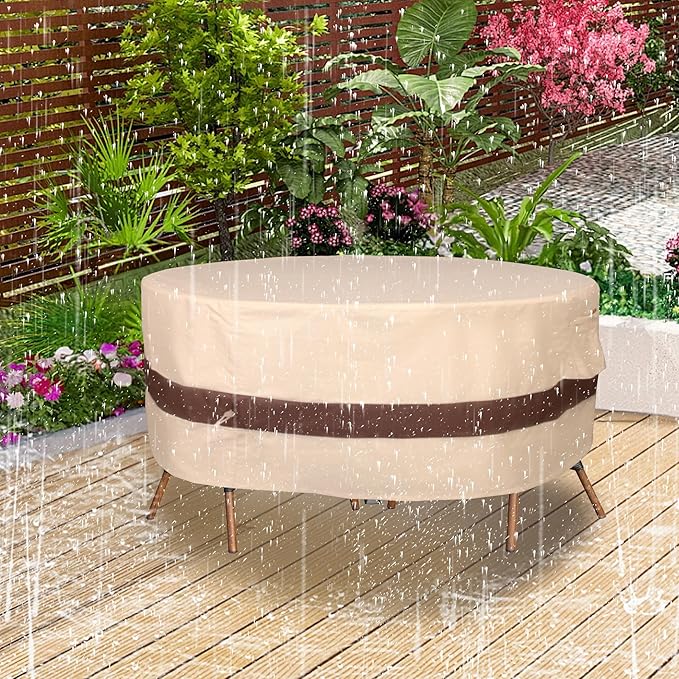 Round Patio Furniture Cover, Heavy Duty and Waterproof for Outdoor Furniture covers, Round outdoor table cover, Patio table cover 110"DIA x 31"H Beige