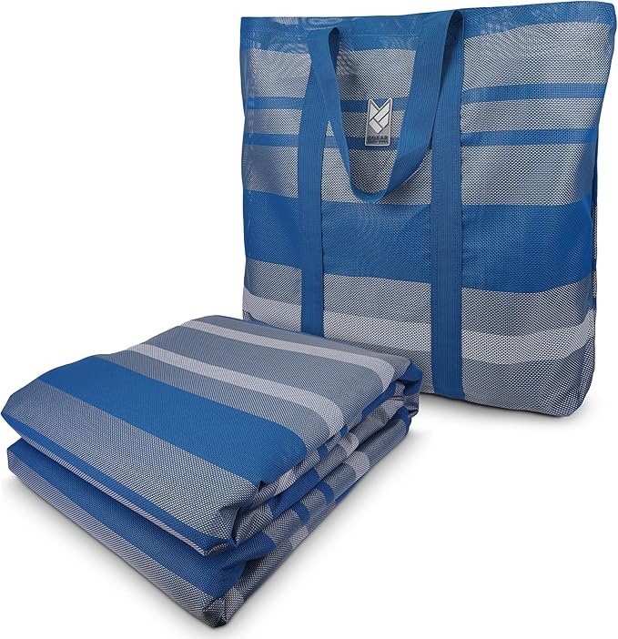 CGEAR RV Comfort Mat – Patented Sand-Free Technology with Ultra Soft Material – Sized to Your RV, Campsite, Beach House – Great Outdoor Patio Rug for RV and Camping (Navy Dynamic Stripe, 8' x 14')