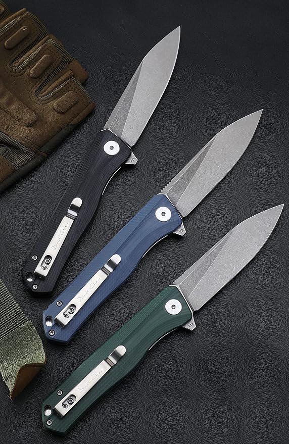 Petrified fish G10 handle D2 steel blade 2CR13 liner ball bearing flipper folding knife camping hunting EDC pocket tool PF818 (Green, Satin)