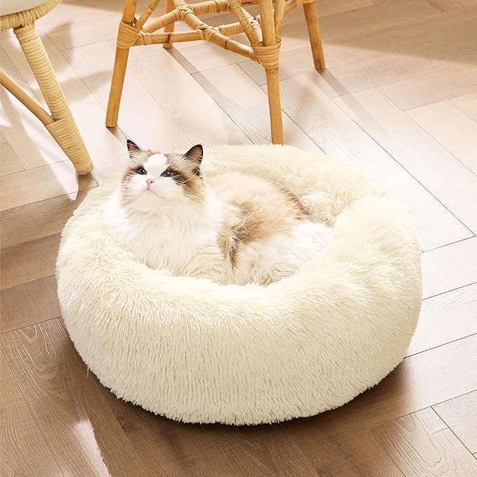 Bedsure Calming Cat Beds for Indoor Cats - Small Cat Bed Washable 20 inches, Anti-Slip Round Fluffy Plush Faux Fur Pet Bed, Fits up to 15 lbs Pets, Ivory Beige
