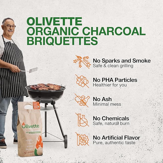 Organic Charcoal Briquettes by Olivette, Reusable Charcoal for Grilling, USDA Certified, Recycled Olive Tree Byproduct, Ready to Light BBQ Charcoal, 6.6 lb. Bag Equal to 20 lb. of a Regular Charcoal