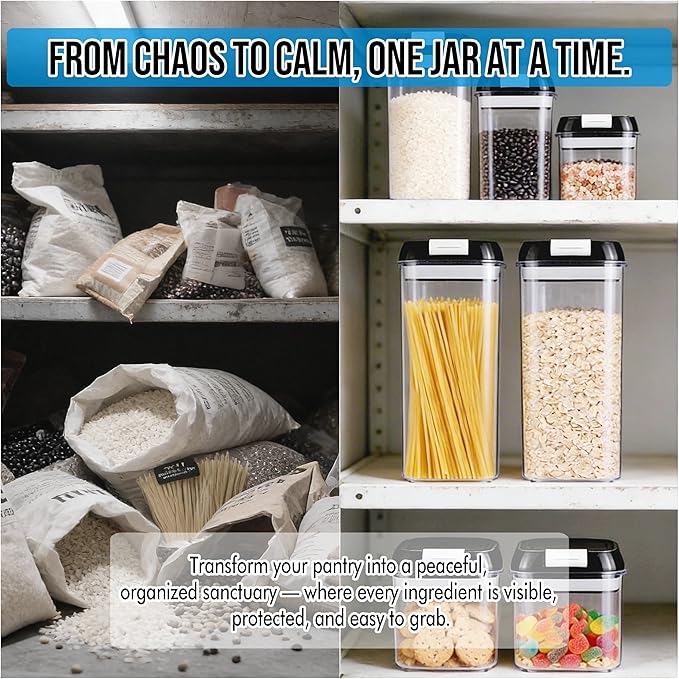 6-Piece Airtight Food Storage Containers with Lids - BPA-Free Kitchen Pantry Canisters for Cereal, Pasta, Snacks, Candy & Dry Foods, Stackable Space-Saving Design