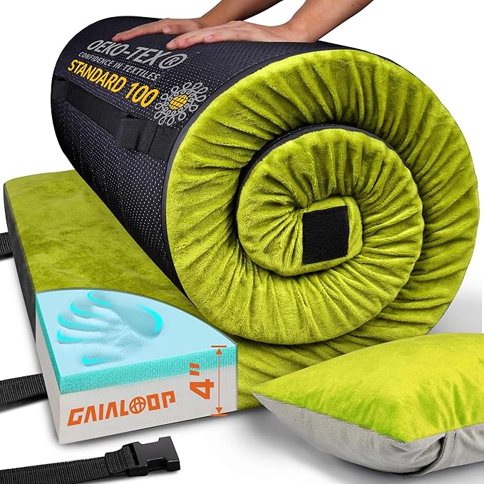 4 Inch GAIALOOP Extra Thick Memory Foam Camping Mattress, Roll Up Floor Sleeping Mat Camp Cot Mattress Pad Travel Camping Couch Bed for Guest Adults Side Sleepers
