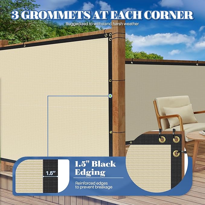 ECOOPTS 4'x195' Privacy Fence Screen Windscreen with Copper Grommets, Fit for Commercial Fence and Residential Garden Outdoor 90% UV Blockage, Cable Zip Ties Included (Beige)