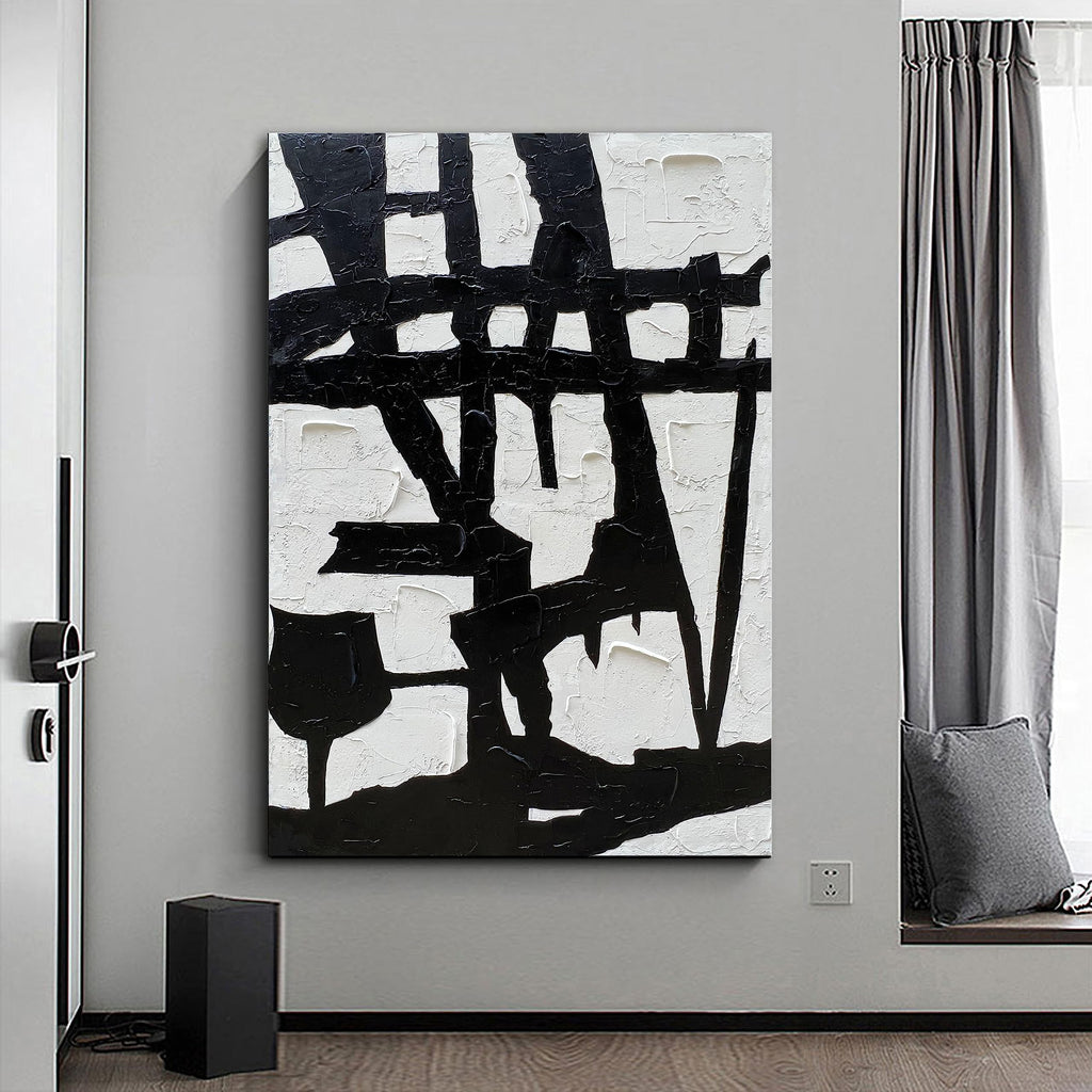 Hand Painted Black and White Wall Art Minimalist Black and White Abstract Painting Large Oil on Canvas Texture Wall Art 45x30 inches