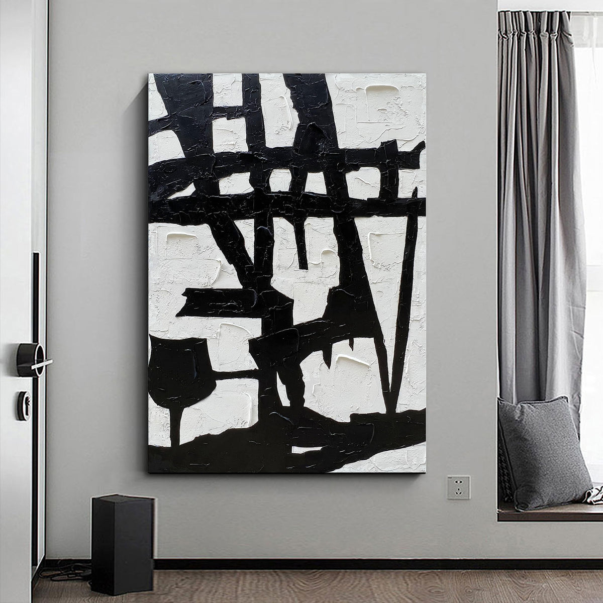 Hand Painted Black and White Wall Art Minimalist Black and White Abstract Painting Large Oil on Canvas Texture Wall Art 45x30 inches