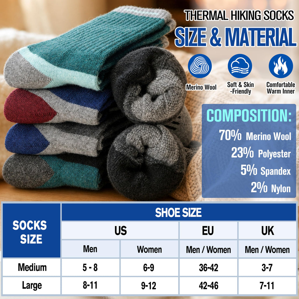 MOGGEI Merino Wool Hiking Socks for Men Warm Thermal Winter Cozy Work Crew Socks Gifts Stocking Stuffers 5 Pairs (Dark Pinstripes A,L)