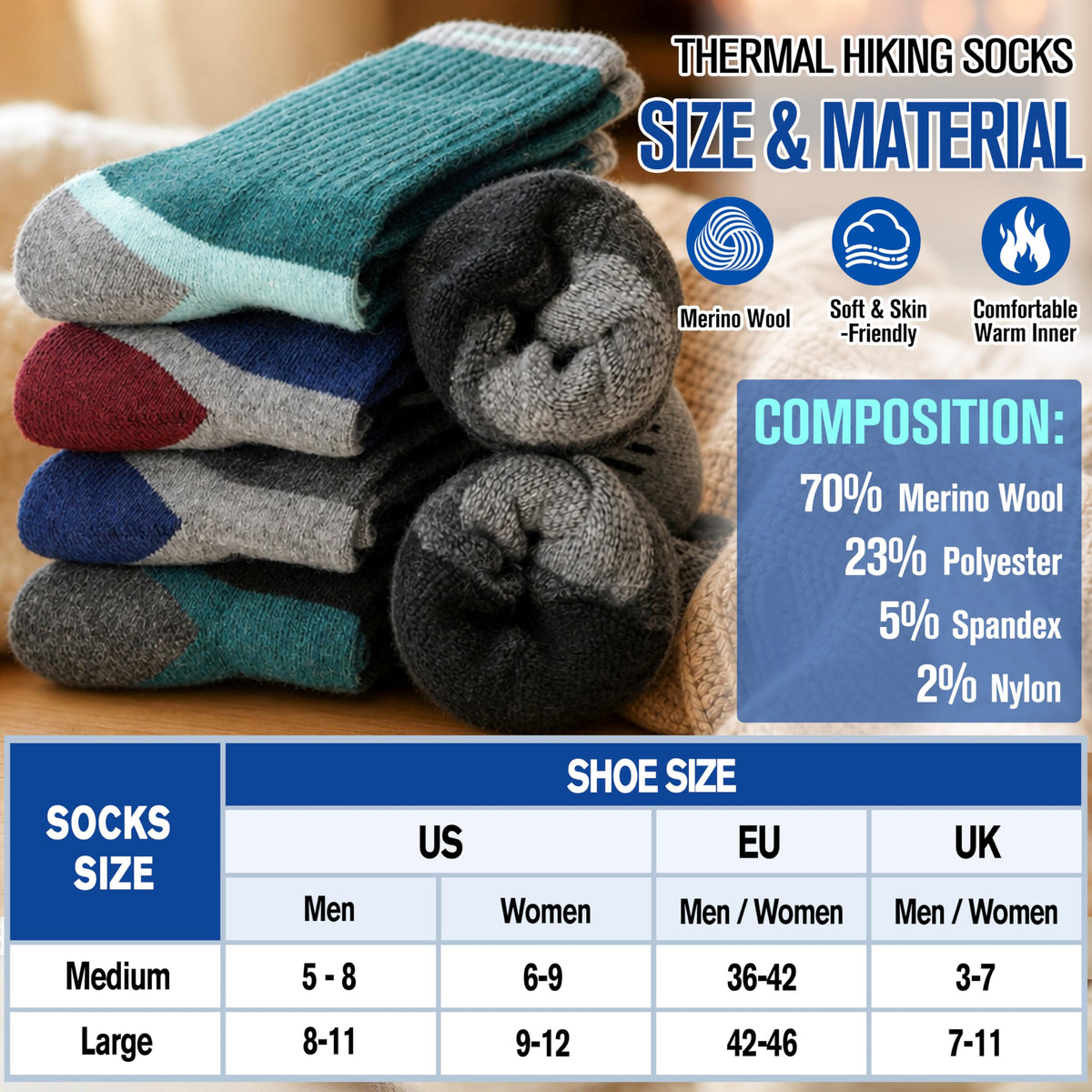 MOGGEI Merino Wool Hiking Socks for Men Warm Thermal Winter Cozy Work Crew Socks Gifts Stocking Stuffers 5 Pairs (Dark Pinstripes A,L)