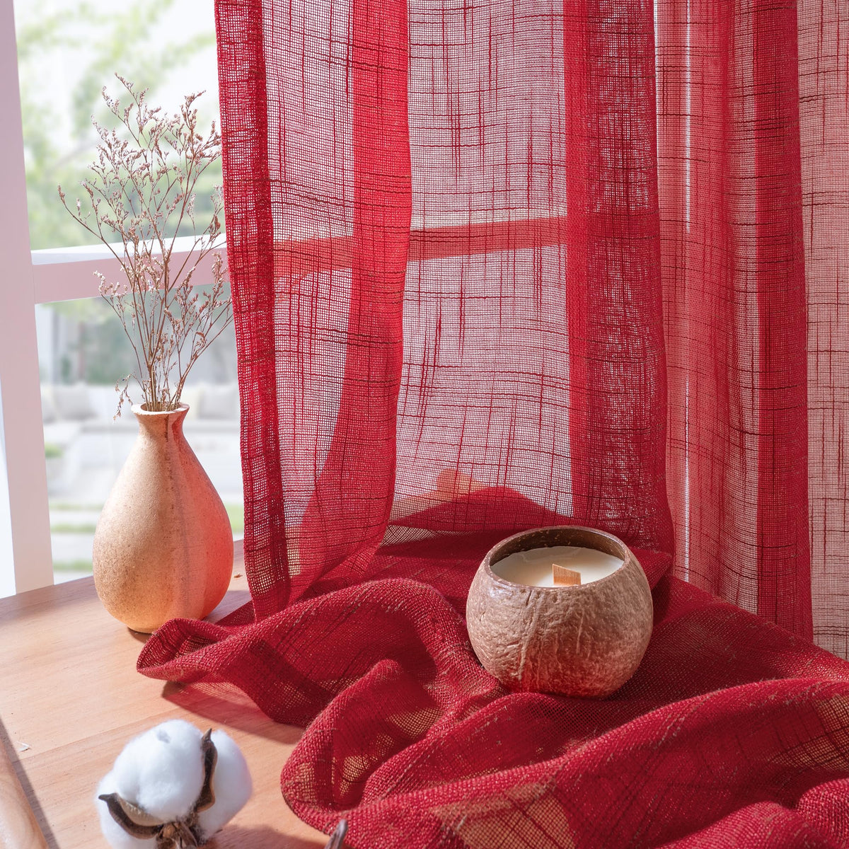 Red Linen Kitchen Window Curtains 45 Inch Length (2 Count)