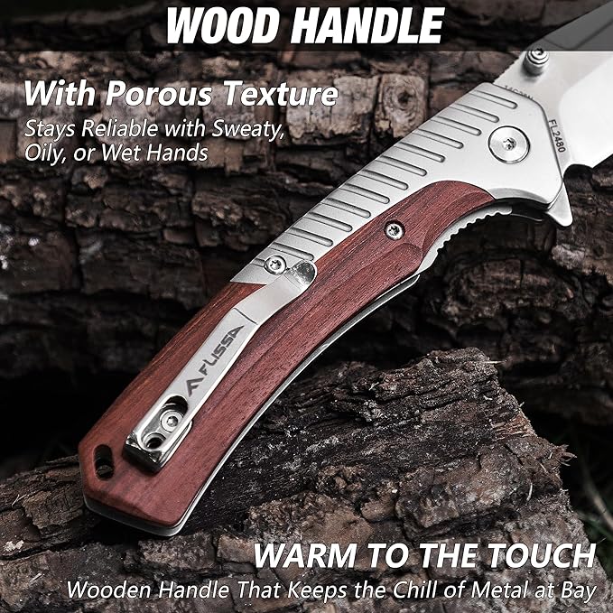 FLISSA Pocket Knife with 3.35" 14C28N Steel Blade, Liner Lock Folding Knife with Wood Handle for EDC, Camping, Hiking, Outdoor Activities, Gift for Men and Women