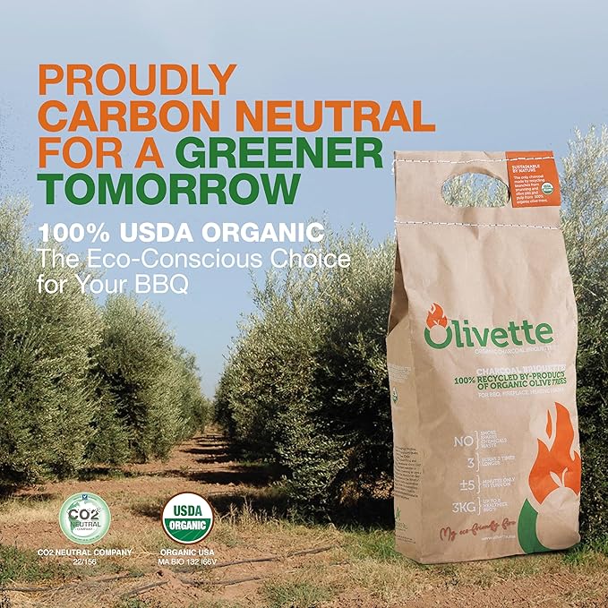 Organic Charcoal Briquettes by Olivette, Reusable Charcoal for Grilling, USDA Certified, Recycled Olive Tree Byproduct, Ready to Light BBQ Charcoal, 6.6 lb. Bag Equal to 20 lb. of a Regular Charcoal