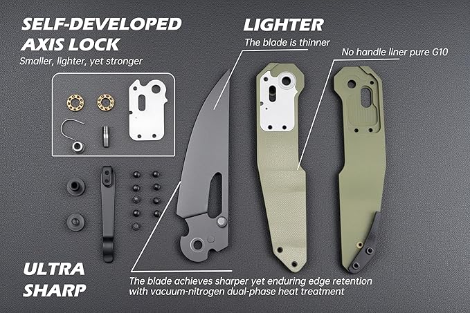 Sharplyn Folding Pocket Knife, 3.6" 14C28N Steel Blade with Black PVD Non-Slip OD Green G10 Handle Lightweight EDC Knife for Men Women Sharp Clip-On Knives for Camping Survival Hiking