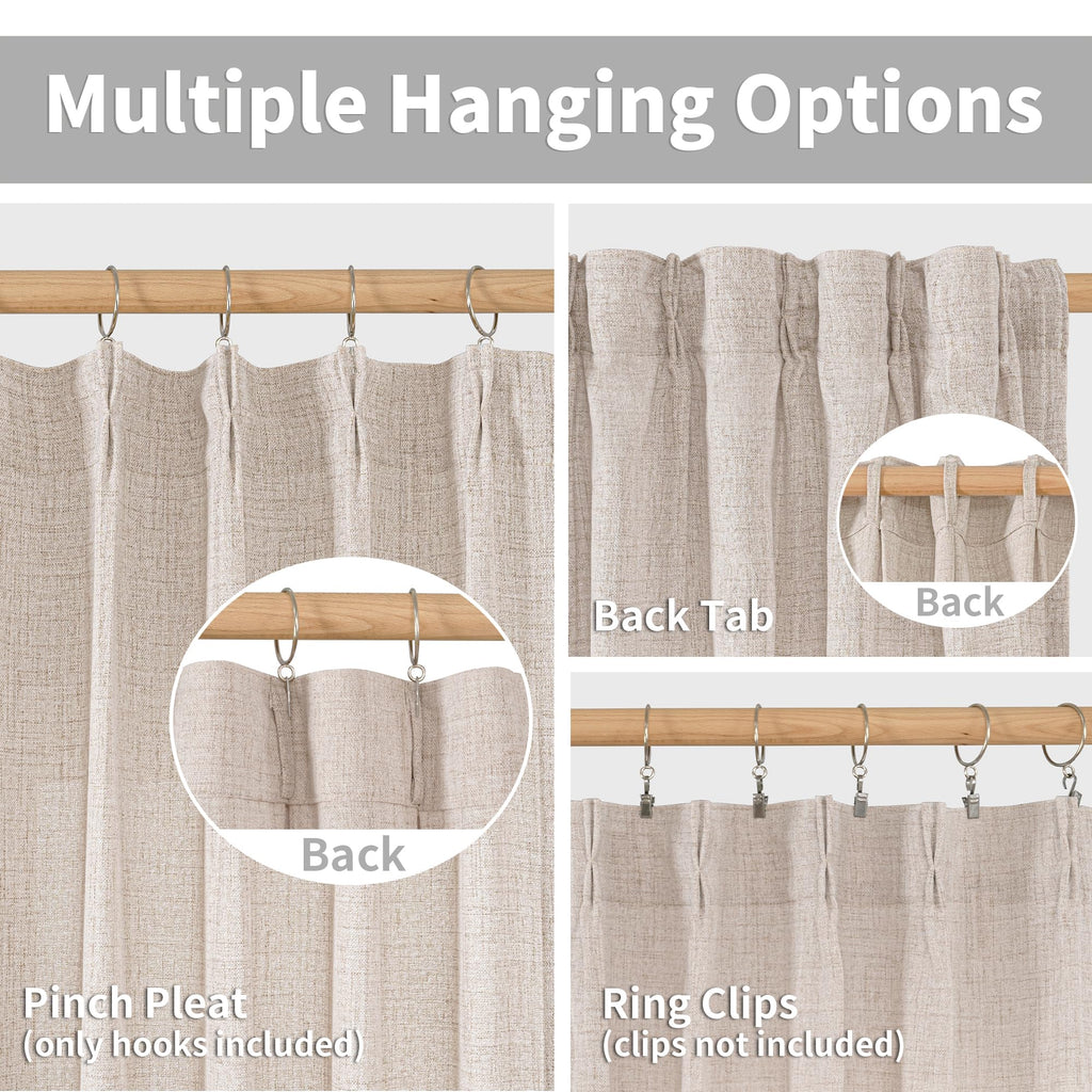 Short Natural Linen Curtains 45 Inch Length 2 Panels Pinch Pleated Light Filtering Textured Window Drapes for Bedroom Kitchen Cafe Privacy Back Tab