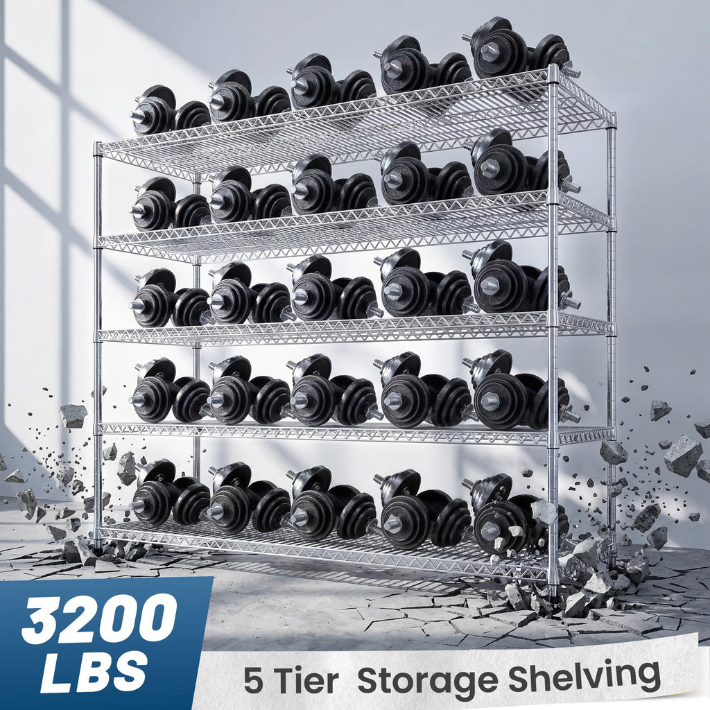 55.5" W Storage Shelves 3200LBS Metal Shelving 5 Tier Wire Shelving Garage Shelving Heavy Duty Metal Shelves for Shelving Unit Commercial Adjustable Shelf (2 Count)