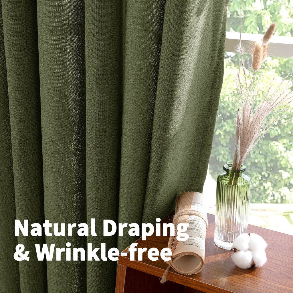Olive Green Linen Curtains for Living Room 72 Inch Length (2 Count)