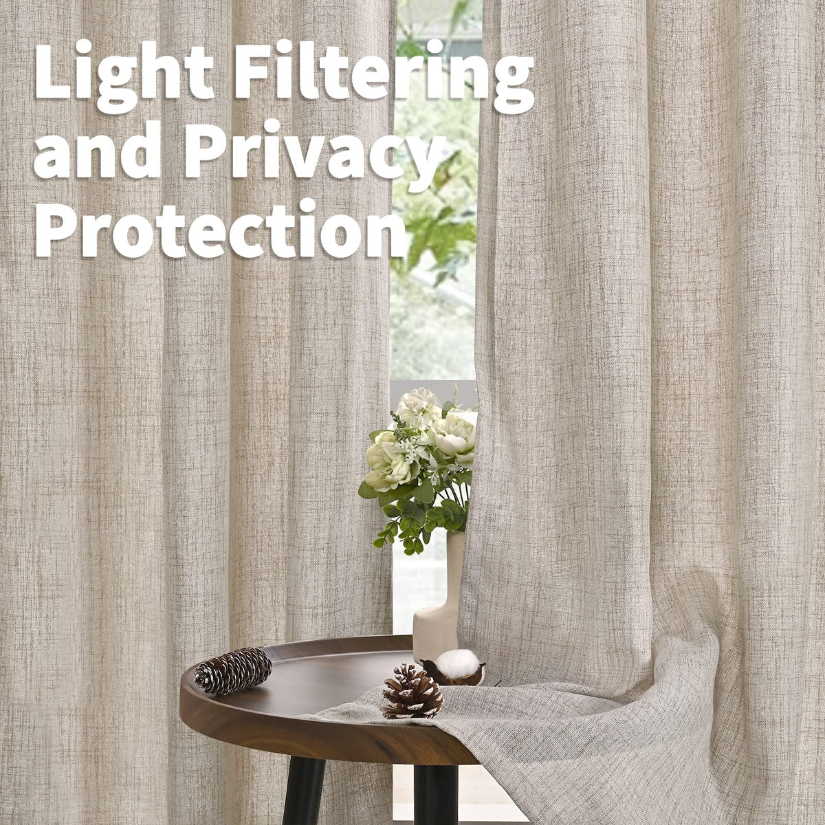 Natural Linen Curtains 80 Inch Length Light Filtering Drapes (2 Count)