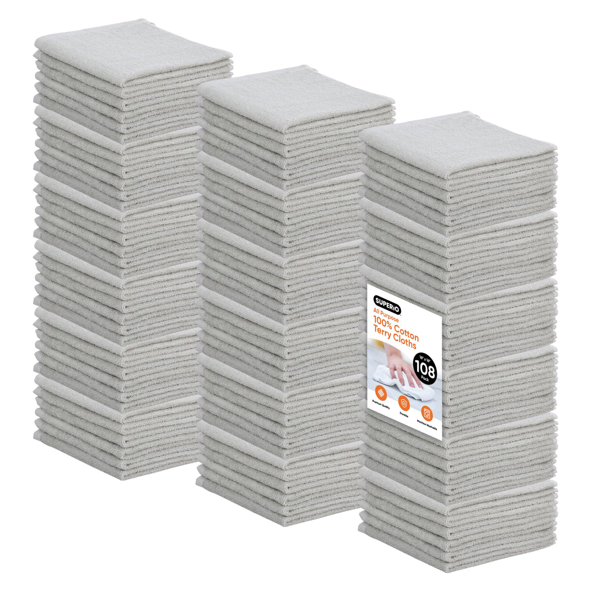 Cotton Terry Washcloths Grey Towels 100% Cotton Cleaning Cloth 16" Rags Wash Clothes for Body and Face (108 Count)