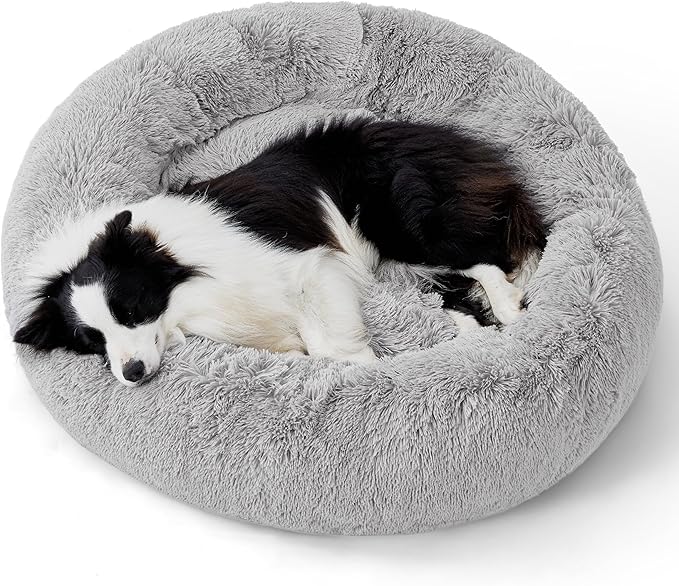 Bedsure Calming Dog Bed for Large Dogs - Donut Washable Large Pet Bed, 36 inches Anti-Slip Round Fluffy Plush Faux Fur Dog Bed, Fits up to 80 lbs Pets, Pale Grey