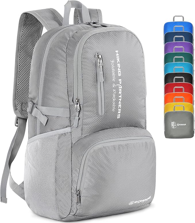 ZOMAKE Lightweight Packable Backpack, 35L Light Foldable Hiking Backpacks Water Resistant Collapsible Daypack for Travel(Sliver Grey)