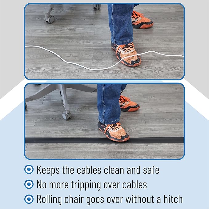 Bates- Floor Cord Cover, 8ft, Cable Cavity 0.6" (W) x 0.31" (H), Heavy Duty Wire Protector, PVC Extension Cords Hider, Protect Cords, Prevent Cable Trips, Cord Hider for Office, Home, Outdoor