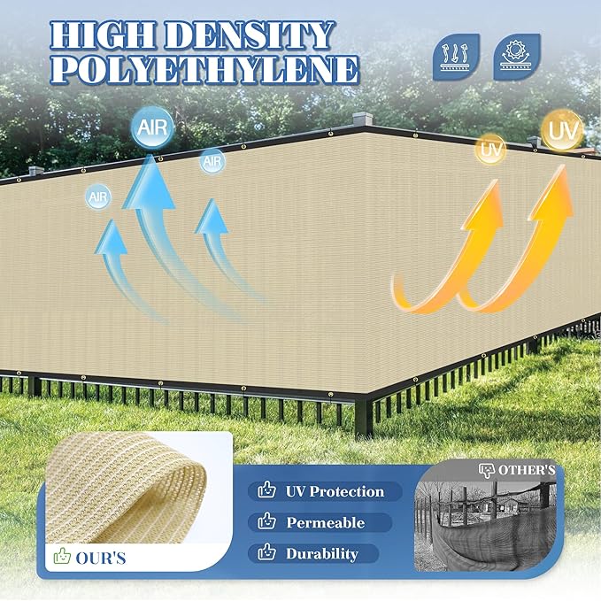 ECOOPTS 8'x168' Privacy Fence Screen Windscreen with Copper Grommets, Fit for Commercial Fence and Residential Garden Outdoor 90% UV Blockage, Cable Zip Ties Included (Beige)
