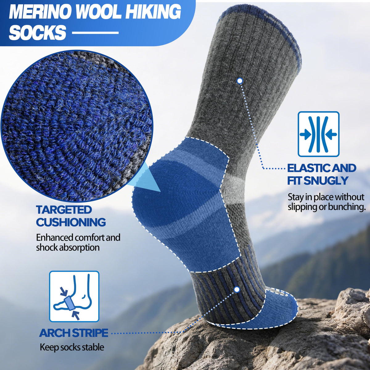 MOGGEI Merino Wool Hiking Socks for Men Warm Thermal Winter Cozy Work Crew Socks Gifts Stocking Stuffers 5 Pairs (Dark Pinstripes A,L)