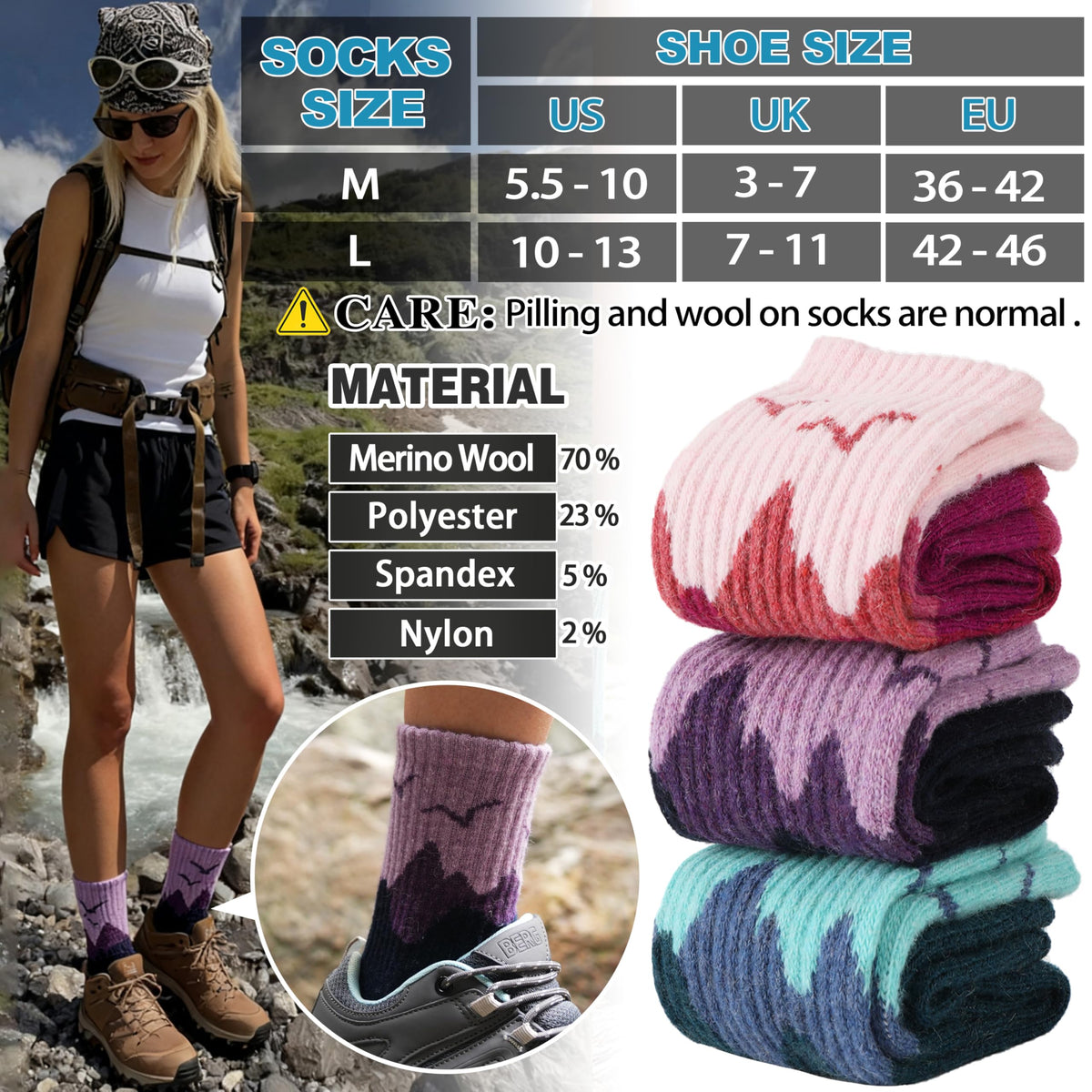 EBMORE Womens Merino Wool Hiking Socks Thermal Warm Winter Boot Crew Cushion Work Gift Socks 5 Pairs(Dark Gray/Black/Rose Red,M)