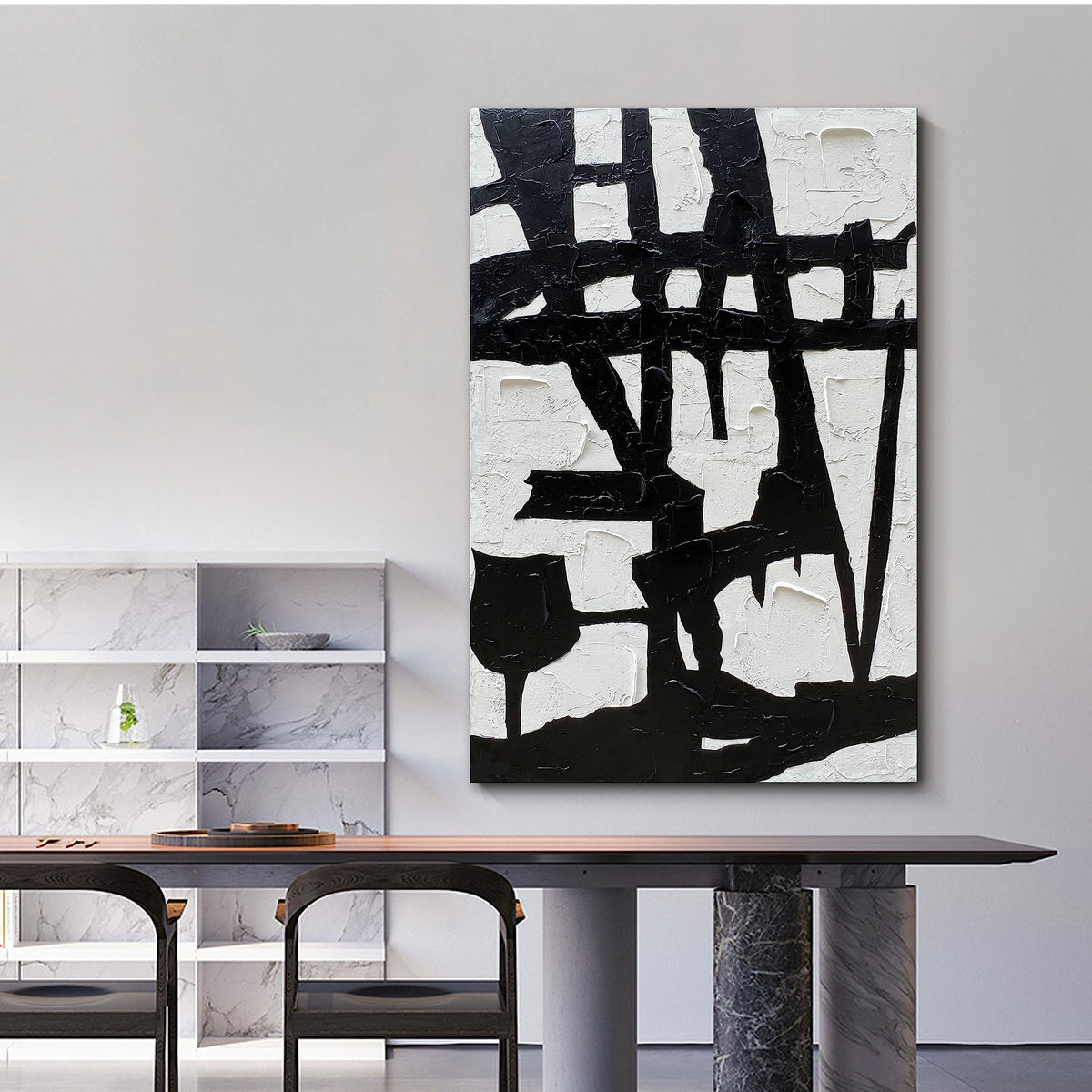 Hand Painted Black and White Wall Art Minimalist Black and White Abstract Painting Large Oil on Canvas Texture Wall Art 45x30 inches